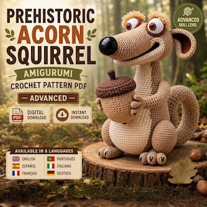 May include: A crochet amigurumi squirrel toy holding a brown acorn, featuring tan yarn, large white eyes with brown pupils, and a black nose. The text reads: PREHISTORIC ACORN SQUIRREL AMIGURUMI CROCHET PATTERN PDF, ADVANCED SKILL LEVEL, DIGITAL DOWNLOAD.