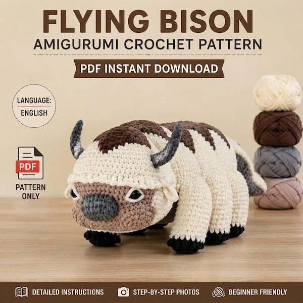 Patrón de amigurumi de bisonte volador en PDF, animal de peluche de seis patas, flecha voladora.