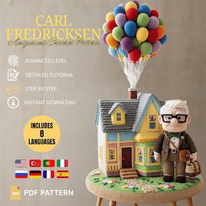 Puede incluir: Un patrón de crochet para un amigurumi de Carl Fredricksen, que representa una casa con globos de colores. La imagen incluye el texto "CARL FREDRICKSEN Amigurumi Crochet Pattern" e iconos para nivel avanzado, tutorial detallado, paso a paso y descarga instantánea.