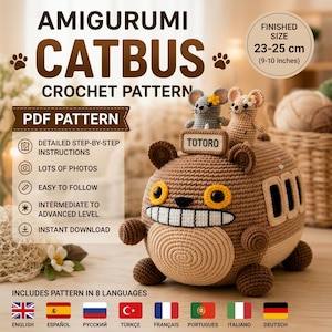 Virkmönster för amigurumi till Catbus i PDF-format | Ghibli-inspirerad plyschleksak på 8 språk
