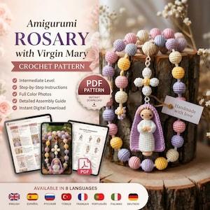 Op de afbeelding: Een haakpatroon voor een amigurumi rozenkrans met een Maagd Maria figuur. Het patroon bevat stapsgewijze instructies, kleurenfoto's en een montagehandleiding. De rozenkrans is voorzien van pastelkleurige kralen en een wit kruis.