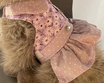 Size S Purple floral and polka dot dog harness dress with faux diamond buttons
