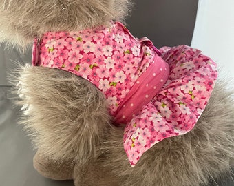 Pink floral and polka dots dog harness dress size small