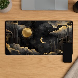 Celestial Sun Moon Mouse Pad, Art Deco Gaming Mat, Gold Night Sky Mousepad, Astrology Desk Setup Decor Gift for Cosmic Lovers