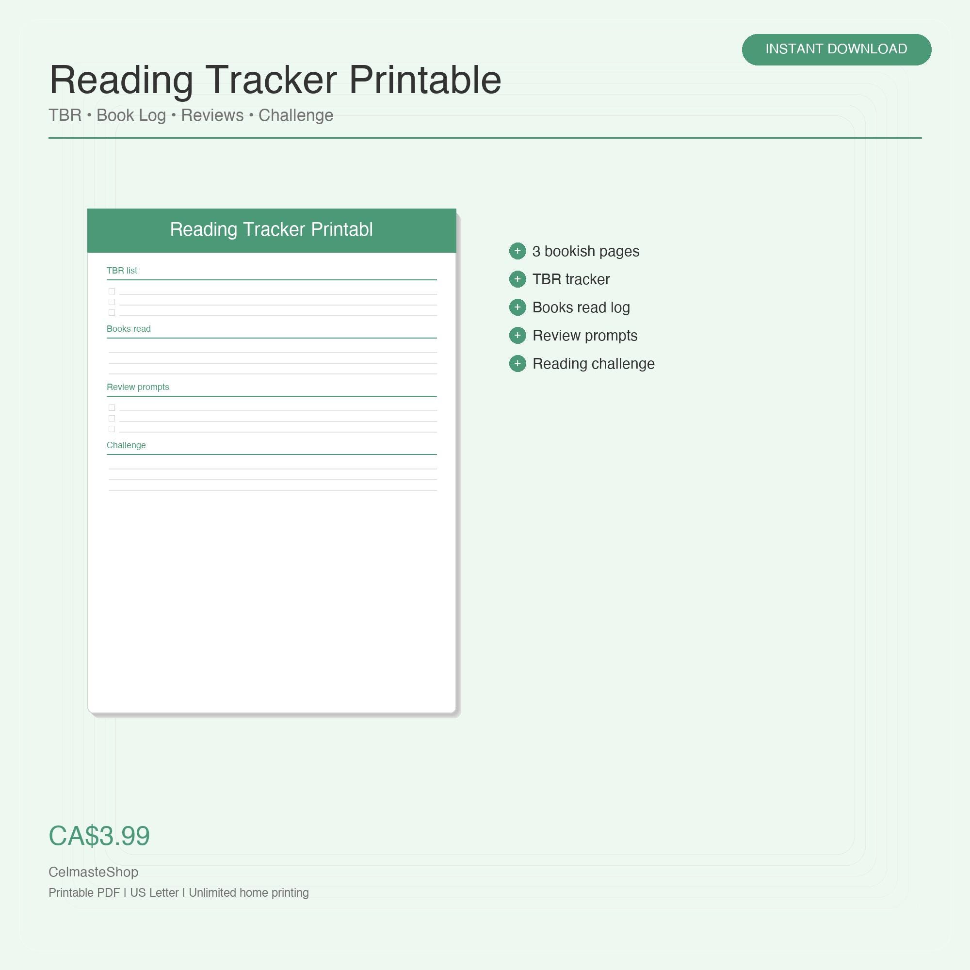 Reading Tracker Printable | Book Log, Reading Challenge, Reviews, TBR ...