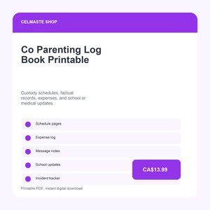 Può includere: Un registro di co-genitorialità stampabile in PDF con un'intestazione viola che dice "CELMASTE SHOP". Il libro include pagine di pianificazione, registri delle spese, note dei messaggi, aggiornamenti scolastici e un tracker degli incidenti. Il prezzo è di CA$13,99.