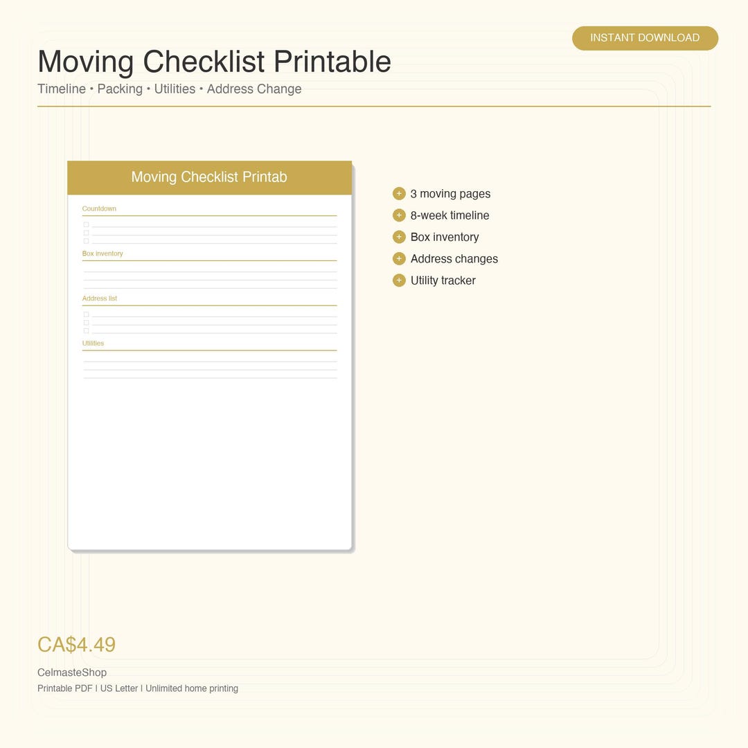 Moving Checklist Printable | 8-week Timeline, Box Inventory, Address ...