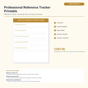 May include: A printable professional reference tracker with a cream background. The document includes sections for contact lists, request templates, and status tracking. The text "Professional Reference Tracker Printable" is displayed at the top. The document is designed for career and professional planning.