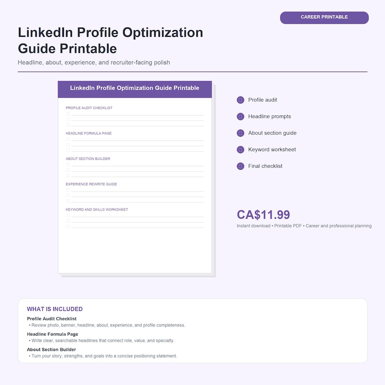 Linkedin Profile Optimization Guide Printable | Headline, About Section ...