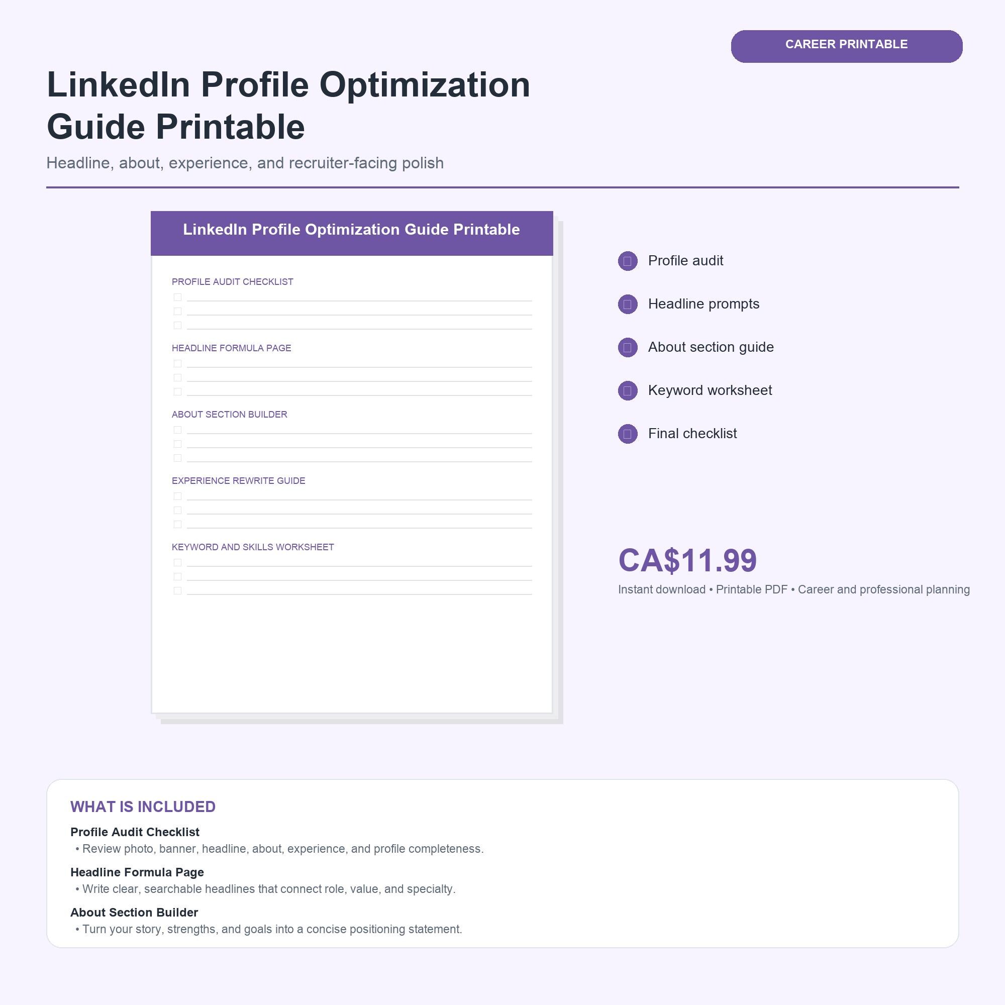 Linkedin Profile Optimization Guide Printable | Headline, About Section ...