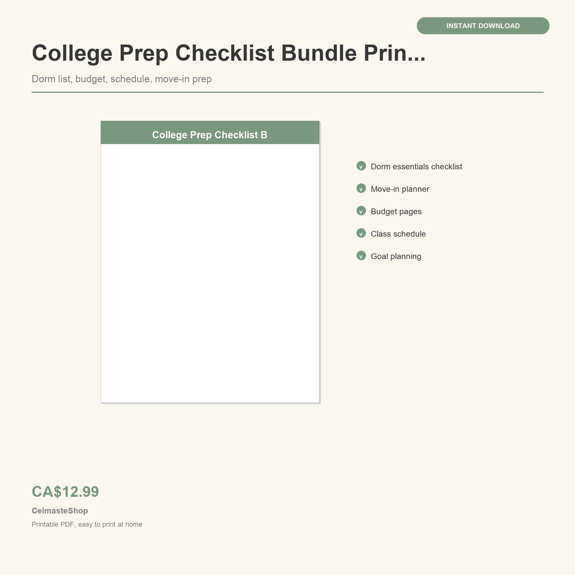College Prep Checklist Bundle Printable | Wohnheim Packliste Planer und ...