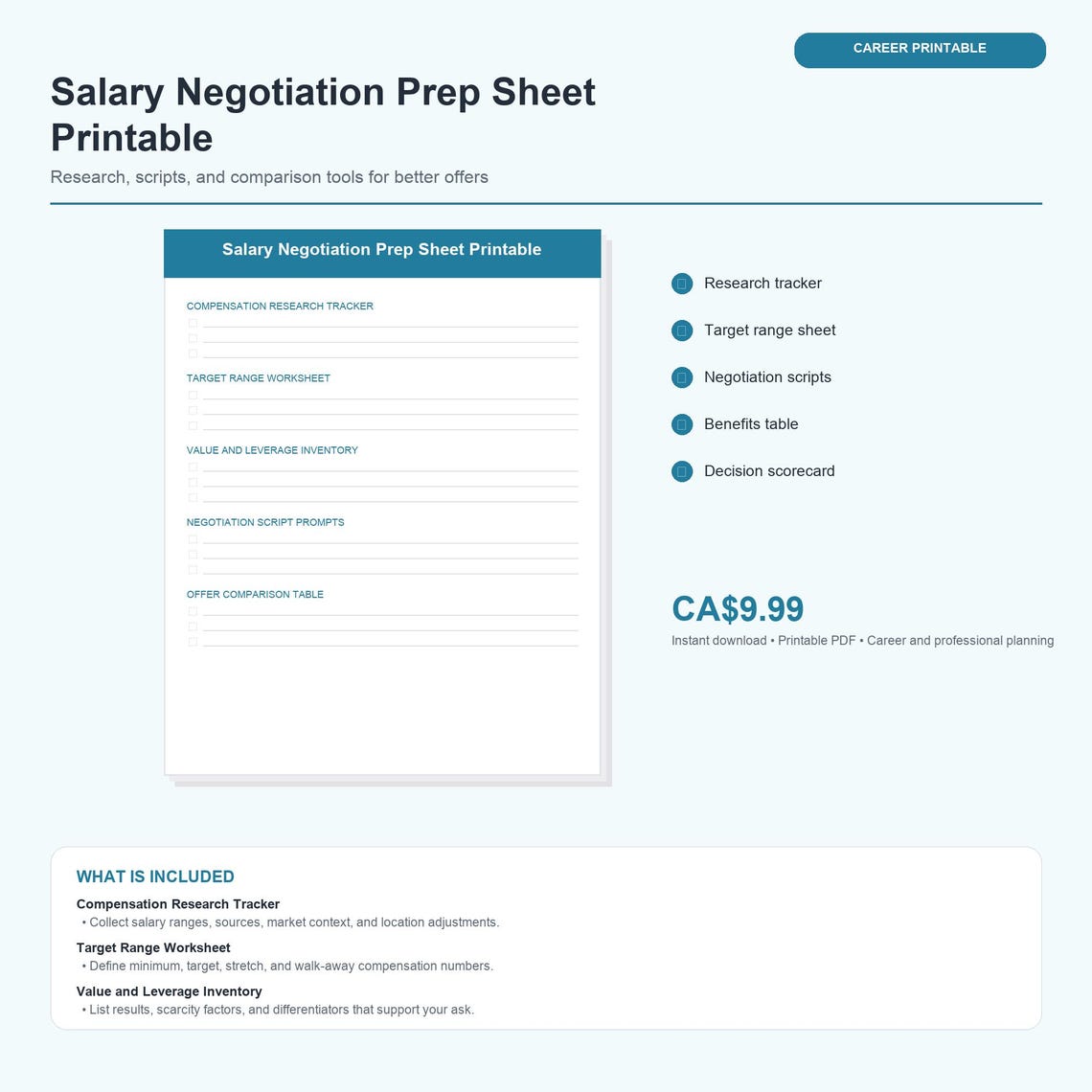 Salary Negotiation Prep Sheet Printable | Research Tracker, Scripts ...