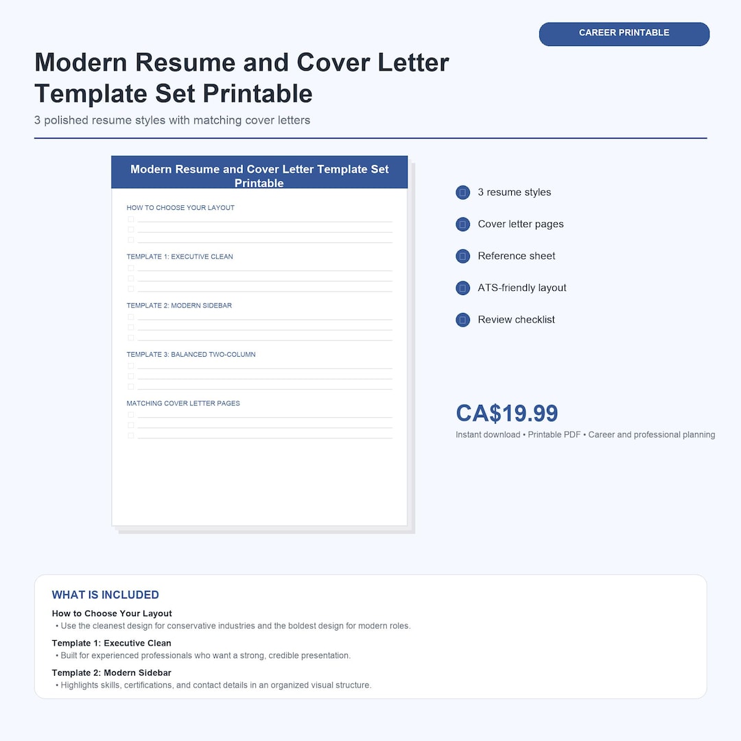 Modern Resume and Cover Letter Template Set Printable | 3 Professional ...