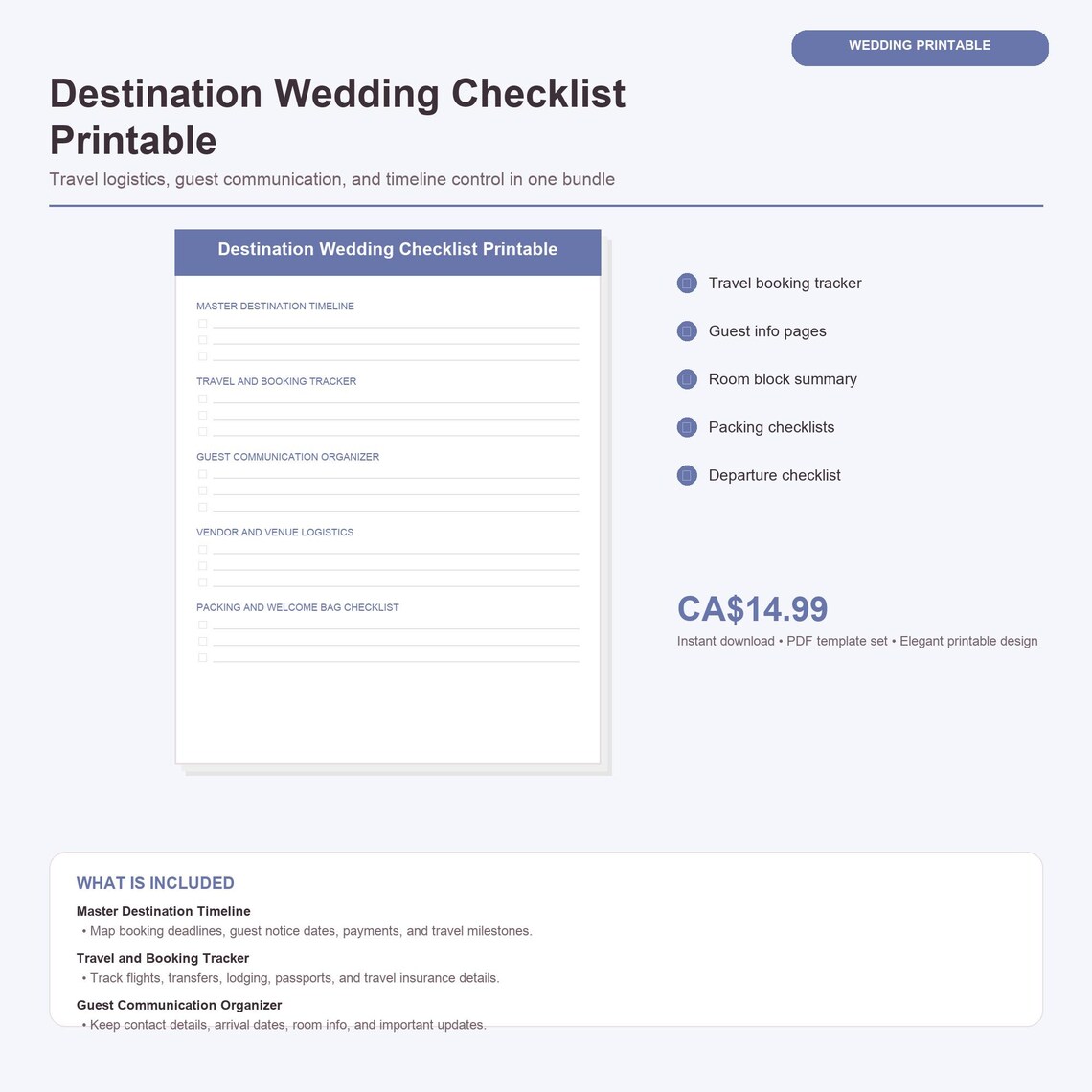 Destination Wedding Checklist Printable | Travel Logistics, Guest Info ...