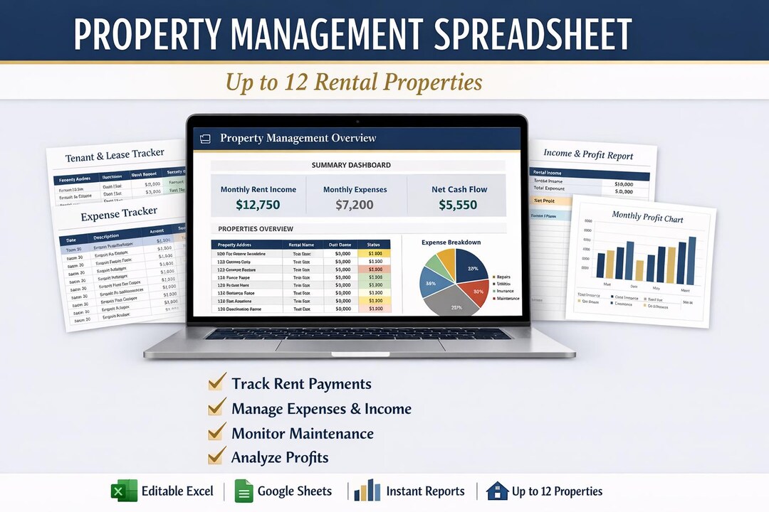 Property Management Spreadsheet | Rental Property Tracker (up to 12 ...