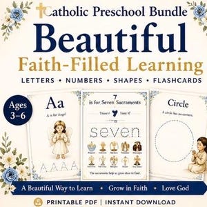Könnte beinhalten: Ein druckbares katholisches Vorschulpaket mit dem Text "Beautiful Faith-Filled Learning". Das Paket enthält Karteikarten für Buchstaben, Zahlen und Formen. Das Bild zeigt Beispiele für Lernmaterialien.