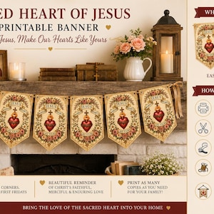 Può includere: Uno stendardo stampabile composto da sei gagliardetti con il disegno del Sacro Cuore di Gesù, circondato da ghirlande floreali e dal testo Jesus, Make Our Hearts Like Yours. Il set include istruzioni per la stampa, il taglio e il montaggio.
