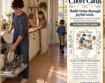 May include: A set of 16 printable Catholic Chore Cards featuring a Dishes Helper card and a list of tasks including Make Your Bed, Laundry Helper, Tidy Your Space, Wipe Surfaces, Floor Helper, Tidy Your Room, Serve with Love, and Morning Helper.
