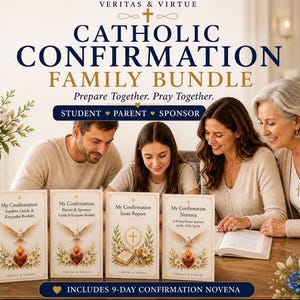 May include: A family is gathered around a table, with four books titled "My Confirmation" visible. The books have images of a dove, a heart, and a cross. The text on the books includes "Student Guide," "Parent & Sponsor Guide," "Saint Report," and "Novena."