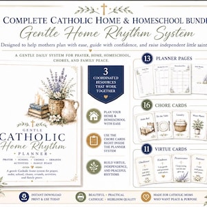 Planificateur d'école à la maison catholique BUNDLE, système rythmique, cartes de tâche, cartes de vertu (téléchargement numérique)
