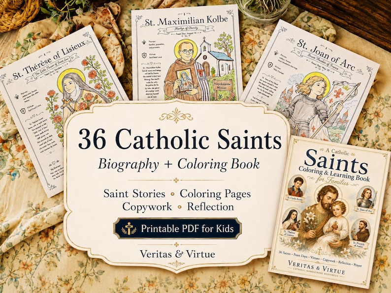 Catholic 36 Saints Bio and Coloring Book for Families, Virtue, Copywork ...