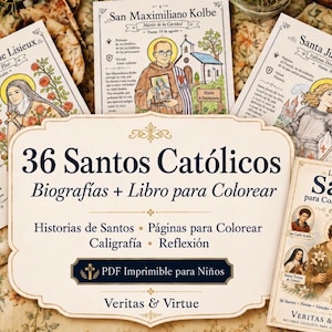May include: A collection of Catholic saint-themed educational materials including three illustrated biography cards for Santa Teresa de Lisieux, San Maximiliano Kolbe, and Santa Juana de Arco, alongside a coloring book titled 36 Santos Católicos.