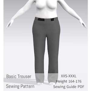 Könnte beinhalten: Graue Hose mit schwarzem Bund, dargestellt an einer Schaufensterpuppe. Der Text "Basic Trouser Sewing Pattern" ist sichtbar, zusammen mit Größen- und Höhenangaben. Die Hose ist im klassischen, geraden Bein-Schnitt entworfen.