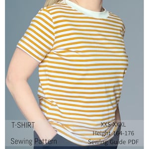 May include: A mustard yellow and white striped T-shirt with a crew neck and short sleeves. The image includes text: T-SHIRT, Sewing Pattern, XXS-XXXL, Height 164-176 cm, Sewing Guide PDF.