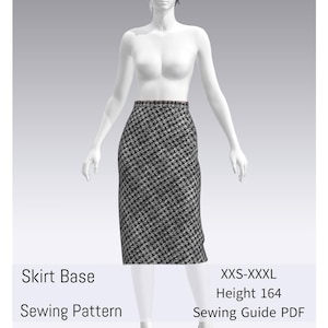 Może przedstawiać: Czarno-biała spódnica w pepitkę prezentowana na manekinie. Spódnica jest w stylu ołówkowym. Tekst na zdjęciu brzmi "Skirt Base Sewing Pattern" i "XXS-XXXL Height 164 Sewing Guide PDF".