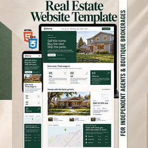 Puede incluir: Una plantilla de sitio web inmobiliario digital mostrada en un monitor de escritorio y una pantalla de teléfono inteligente. El diseño presenta esquemas de color verde oscuro y blanco, listados de propiedades, mapas y el texto Real Estate Website Template.