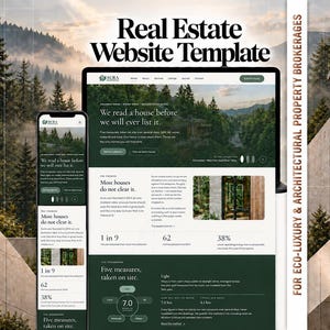 Puede incluir: Una plantilla de sitio web inmobiliario digital mostrada en una pantalla de portátil y smartphone. El diseño presenta un esquema de colores verde oscuro y blanco con el texto Real Estate Website Template y FOR ECO-LUXURY & ARCHITECTURAL PROPERTY BROKERAGES.