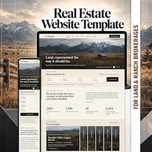Könnte beinhalten: Eine digitale Immobilien-Website-Vorlage für Land- und Ranch-Makler, dargestellt auf einem Desktop-Monitor und einem Mobiltelefon. Die Benutzeroberfläche zeigt ein Berglandschafts-Header, Suchfilter und den Text Real Estate Website Template.