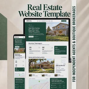 Könnte beinhalten: Eine digitale Immobilien-Website-Vorlage, die auf einem Desktop-Monitor und einem Smartphone-Bildschirm angezeigt wird. Das Design umfasst dunkelgrüne Akzente, weißen Text und Hausbilder. Der Text lautet Real Estate Website Template und FOR INDEPENDENT AGENTS & BOUTIQUE BROKERAGES.