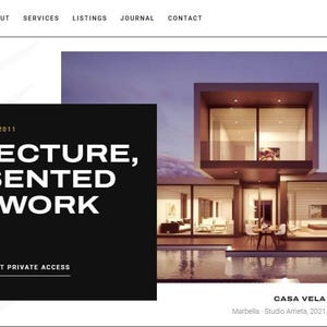 May include: A website interface for Lumina Estates featuring a modern two-storey house with large glass windows and a swimming pool. The text reads: Private representation since 2011, Architecture, represented as the work it is, Casa Vela.
