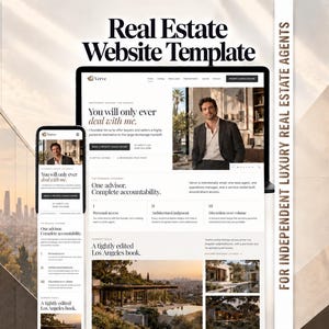 May include: A digital real estate website template displayed on a laptop and a smartphone screen. The design features the text Real Estate Website Template and FOR INDEPENDENT LUXURY REAL ESTATE AGENTS, showcasing a professional layout with imagery.