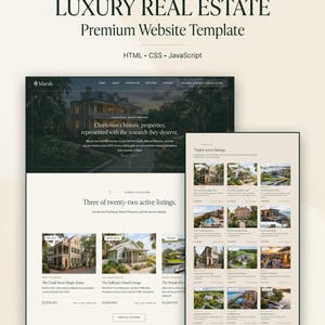 May include: A digital website template for luxury real estate featuring a dark header with a historic home image, white text, and a grid layout of property listings. The design includes sections for active listings, property details, and navigation menus.