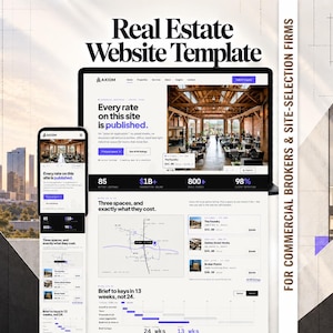Pode incluir: Um modelo de site imobiliário digital exibido em uma tela de laptop e smartphone. A interface apresenta o texto Real Estate Website Template, Axiom, Every rate on this site is published e For commercial brokers & site-selection firms.