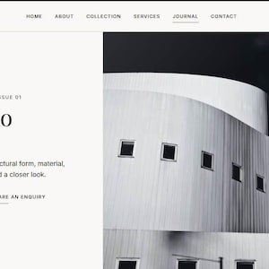 May include: A website interface for Curio featuring a black and white photograph of a curved architectural building with multiple square windows. The text reads The Curio journal, Ideas and Provenance - Issue 01, and Study 01 - Curve, Aperture, and Shadow.