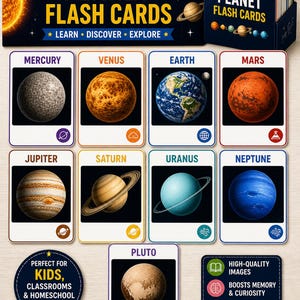 Könnte beinhalten: Ein Set Planet Flash Cards mit farbenfrohen Illustrationen der Planeten Merkur, Venus, Erde, Mars, Jupiter, Saturn, Uranus, Neptun und Pluto. Das Set enthält eine Box mit der Aufschrift "Planet Flash Cards" und dem Text "Lernen, Entdecken, Erkunden".
