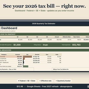 Pode incluir: Um painel fiscal digital exibe dados financeiros para 2026, incluindo rendimentos, despesas e estimativas de impostos. A interface mostra n&uacute;meros trimestrais e anuais, com foco nos impostos federais, estaduais e de trabalhadores aut&ocirc;nomos. O texto diz "See your 2026 tax bill - right now."