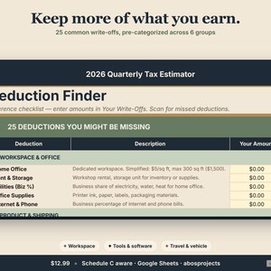 Pode incluir: Interface digital de um estimador de impostos com o texto "Fique com mais do que voc&ecirc; ganha". Inclui um "Deduction Finder" com uma lista de verifica&ccedil;&atilde;o de 25 dedu&ccedil;&otilde;es, incluindo despesas de espa&ccedil;o de trabalho e escrit&oacute;rio.