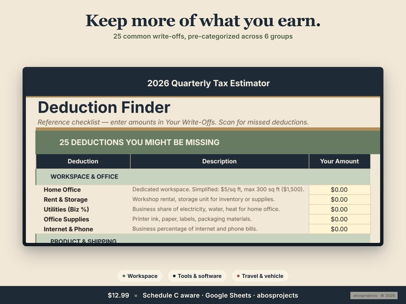 Pode incluir: Interface digital de um estimador de impostos com o texto "Fique com mais do que voc&ecirc; ganha". Inclui um "Deduction Finder" com uma lista de verifica&ccedil;&atilde;o de 25 dedu&ccedil;&otilde;es, incluindo despesas de espa&ccedil;o de trabalho e escrit&oacute;rio.