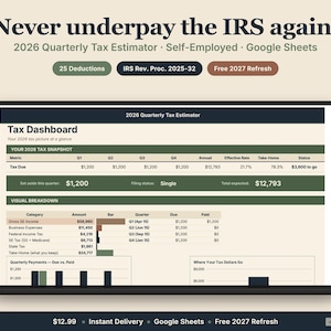 以下が含まれることがあります： ラップトップの画面には、「Never underpay the IRS again」というテキストが表示された税務ダッシュボードが表示されています。画面には、未払いの税金、収入、支出などの財務データが表示されます。インターフェースは自営業者向けに設計されています。