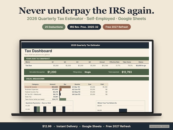 2026 Self-Employed Tax Estimator Google Sheet | Quarterly Estimated Tax Spreadsheet (Digital Download)
