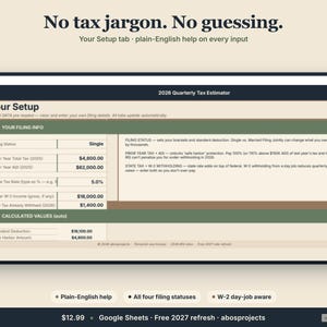 Pode incluir: Um ecr&atilde; digital mostra uma interface de estimativa de impostos com o texto "No tax jargon. No guessing." A interface inclui campos para estado civil, rendimentos e taxas de imposto. O ecr&atilde; mostra dados financeiros e valores calculados.