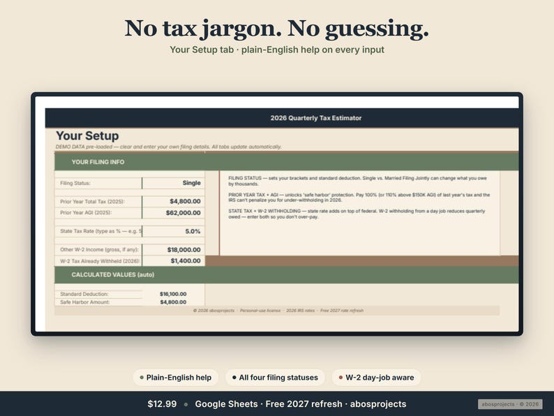 Pode incluir: Um ecr&atilde; digital mostra uma interface de estimativa de impostos com o texto "No tax jargon. No guessing." A interface inclui campos para estado civil, rendimentos e taxas de imposto. O ecr&atilde; mostra dados financeiros e valores calculados.
