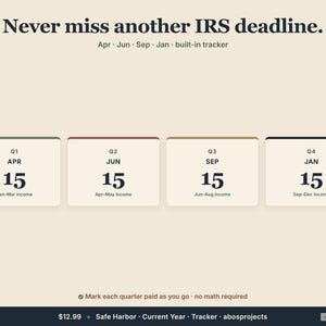 Pode incluir: Um gr&aacute;fico bege com o texto "Nunca mais perca um prazo do IRS". Quatro caixas retangulares exibem os meses abril, junho, setembro e janeiro, cada uma com o n&uacute;mero 15. O texto "Marque cada trimestre pago &agrave; medida que avan&ccedil;a - sem necessidade de matem&aacute;tica" tamb&eacute;m est&aacute; presente.