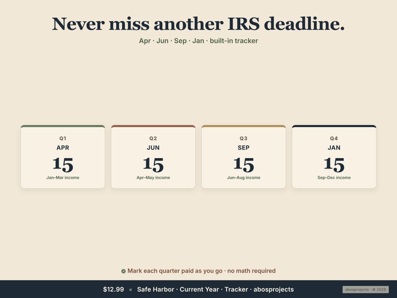 Pode incluir: Um gr&aacute;fico bege com o texto "Nunca mais perca um prazo do IRS". Quatro caixas retangulares exibem os meses abril, junho, setembro e janeiro, cada uma com o n&uacute;mero 15. O texto "Marque cada trimestre pago &agrave; medida que avan&ccedil;a - sem necessidade de matem&aacute;tica" tamb&eacute;m est&aacute; presente.