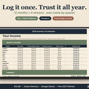 Pode incluir: Um laptop exibe uma planilha "2026 Quarterly Tax Estimator". A tela mostra a receita mensal da Etsy, outras plataformas e trabalho freelance, totalizando $58.960,00 anuais. O texto no topo diz "Log it once. Trust it all year."