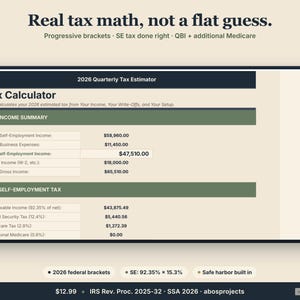 Pode incluir: Um visor digital mostra uma interface de calculadora de impostos. A tela exibe texto, incluindo "Real tax math, not a flat guess." e "Tax Calculator." Os campos de dados mostram os c&aacute;lculos de renda e impostos. A parte inferior da tela inclui o texto "2026 federal brackets" e "Safe harbor built in."